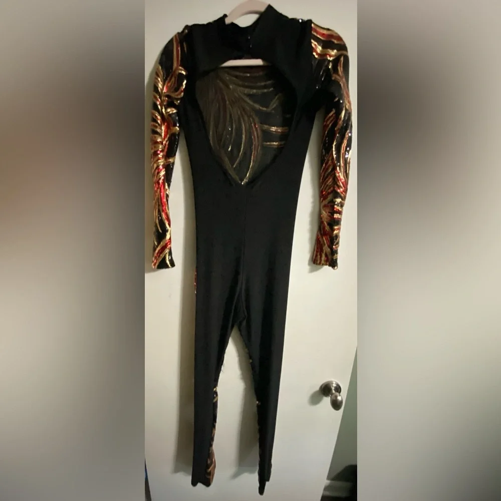 Sequence Open Back Black Red and Gold Long Sleeve Pant Bodysuit Womens Sz Small - Picture 5 of 8